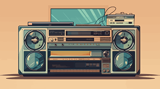1980s stereo with tape player, vector illustration, wide shot