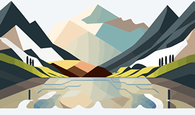 mountain and river in a landscape, empty in the center, geometric, flat, vectors, minimalistic, white background with empty spaces on top