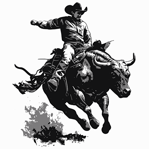 simple vector illistation of bull rider on a bull black and white