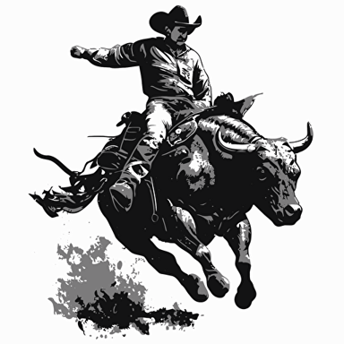 simple vector illistation of bull rider on a bull black and white