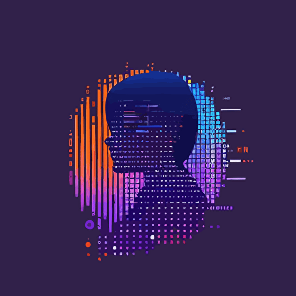 simple minimal circle logo of a person side face, pixel art, matrix code, flat vector logo, blue purple orange gradient, simple minimal, style of japanese book cover