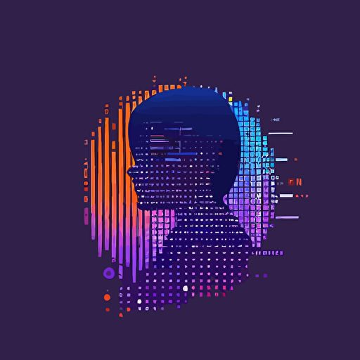 simple minimal circle logo of a person side face, pixel art, matrix code, flat vector logo, blue purple orange gradient, simple minimal, style of japanese book cover