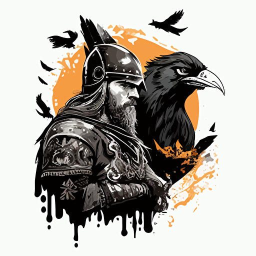illustrate, vector, odin full viking armor, two ravens on shoulder, simple background
