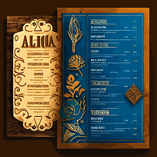 Restaurant, Latin Food menu designs, [blue, oraange, gold, and brown, color scheme here]::3 modern, clean, design, vector, latin food items, classy menu, RTX
