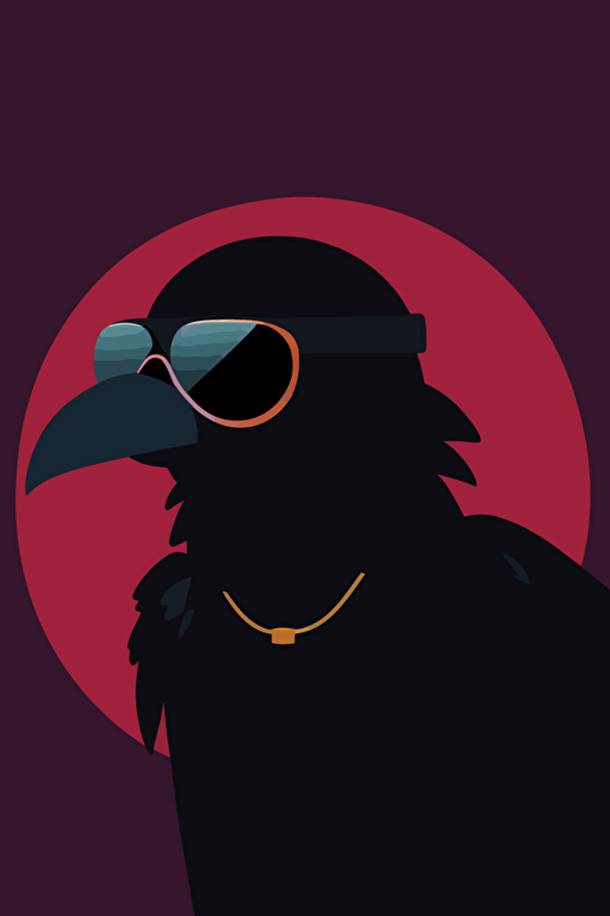 minimalist poster, anthropomorphic crow, dark sunglasses, leather jacket, vector,