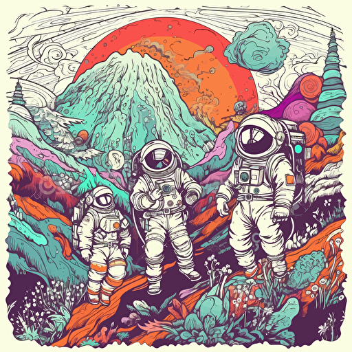 An illustration of a retro-inspired space adventure, featuring a group of astronauts in colorful spacesuits exploring a distant planet filled with surreal landscapes and creatures, vector design, white background, contour.