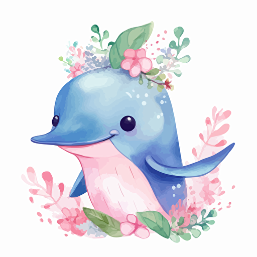 cute whale, detailed, cartoon style, 2d watercolor clipart vector, creative and imaginative, floral, hd, white background