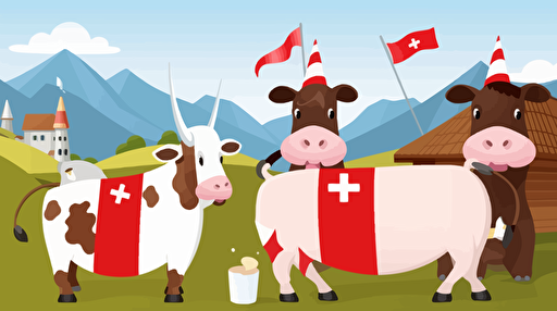 vector art of a happy Swiss world with Swiss flag, Swiss cow with bell, Swiss Bells, Swiss Chocolate, Swiss watches, Swiss dog, Swiss cheese,