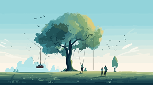 simple, big, beautiful, green tree with a girl on the swing and parents standing looking, blue sky, vector ilustration
