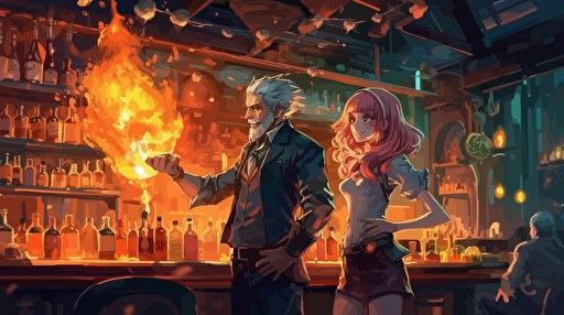 an anime extremely detail bartender guy and a young lady with an amazing uniform very fashionable doing some drinks with fire, flying bottles vibrant colors, hyper resolution vector fantasy