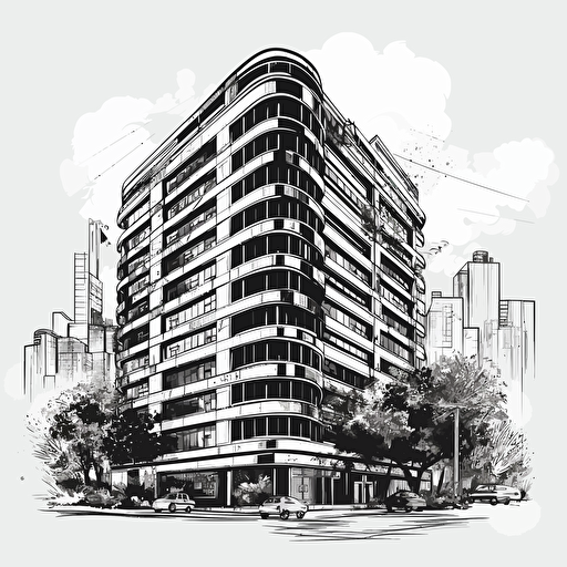 high rise building, 2d vector art, black and white