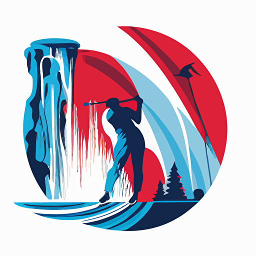 a flat vector logo of of a golfer swinging, in the background you can see the CN Tower and a waterfall, blue and red colors, no text
