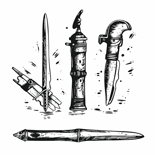 simple symbol design of sword, fountain pen, ink, and music, 1950's style, vector, fallout 4 clip art, white background