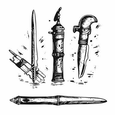 simple symbol design of sword, fountain pen, ink, and music, 1950's style, vector, fallout 4 clip art, white background