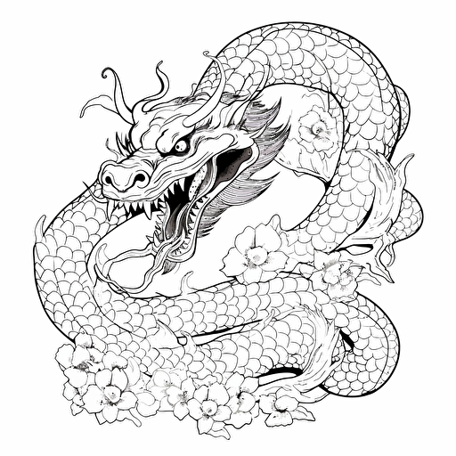 japanese dragon snake No Shadow. Cartoon. Coloring page. Vector. Simple.