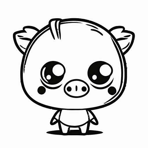 cute pork in farm, big cute eyes, pixar style, simple outline and shapes, coloring page black and white comic book flat vector, white background