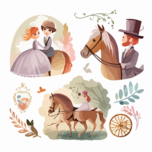 kwaii , storybook ,vector illustrations ,very cute wedding illustrations clipart set,beautiful newlyweds riding a horse, on a white background separate elements with a margin, watercolors , husband and wife on their wedding day riding a horse together , love