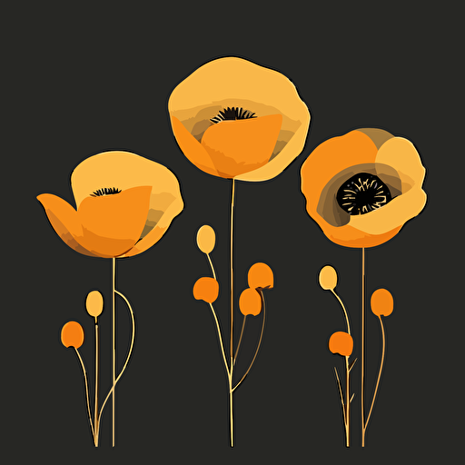 3 golden poppies, minimalist, cartoon art, vector, no backround