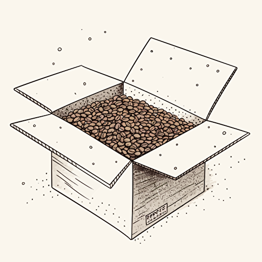 Open cardboard box with coffee beans inside, black ink, white background, line drawing, vector, simple, minimalist