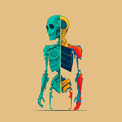 a half robot half human illustration in the style of Giacamo Bagnaro minimal bright vector style