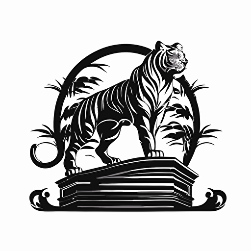 logo design with white background of a white tiger sillouette on a roof. black and white, vector