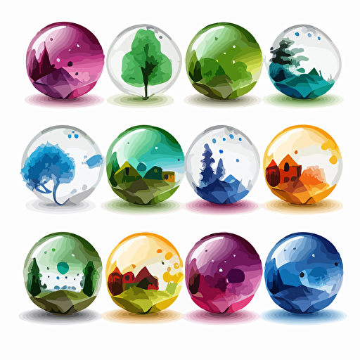 Collection of twelve transparent exploding marbles with a small town inside. Nature is represented. Vector styling. Very colored. White background