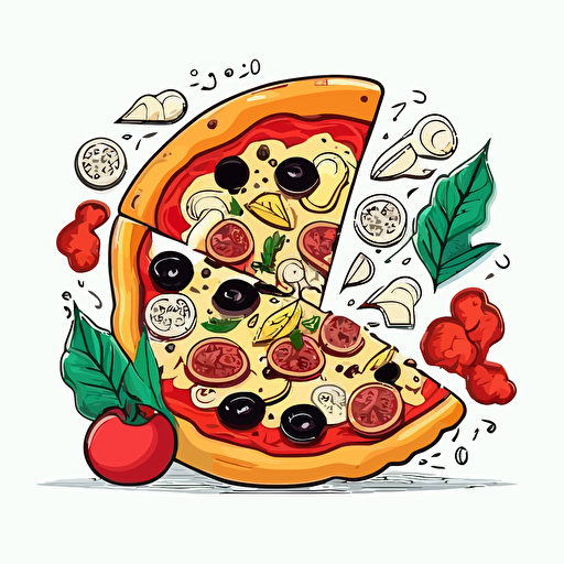 Illustration of a slice of pizza, with ingredients, salami, tomato, cheese, mushrooms, vector linear drawing on a white isolated background