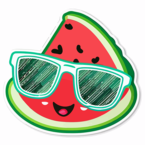 sticker, happy watermelon with sunglasses, kawaii, contour, vector, white