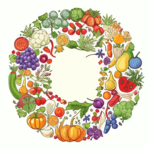 bright colored fruits and vegetables in a round design in doodle style. Vector drawing on a white background