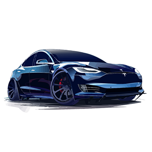 crazy dark blue modern telsa s hot rodded out in vector minimalism on white background with crazy big giant rapper style wheels