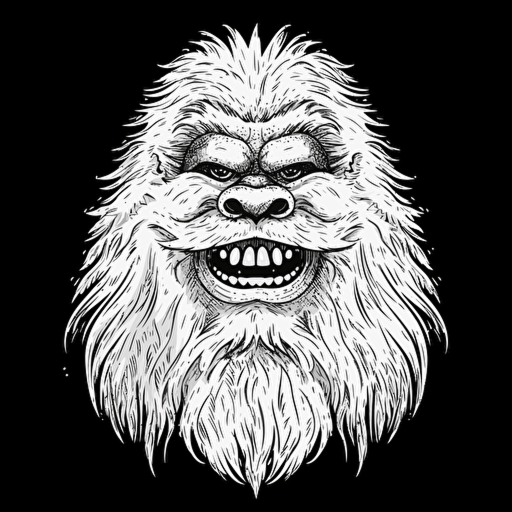 smiling Yeti face, black and white, vector draw, sketch