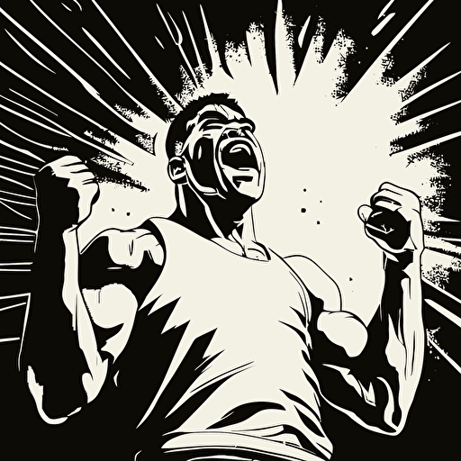 a vector style illustration in black and white of a basketball player facing front with clinched fists and winning expression
