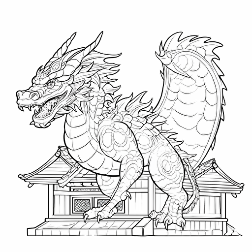 DND Fantasy. Japanese Style dragon. Wooden Architecture. No Shadow. Cartoon. Coloring page. Vector. Simple.