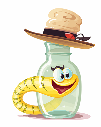 vector illustration worm wearing a sombrero inside a tequila bottle, no background, cartoon style