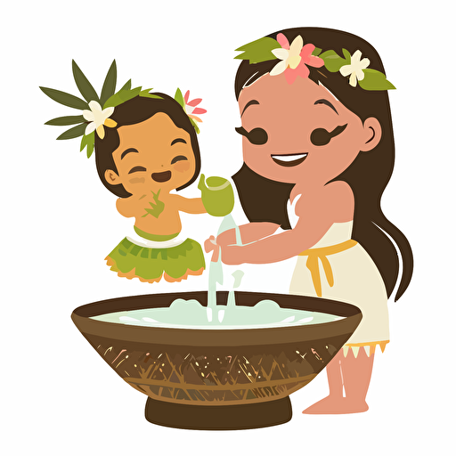 simple flat hula girl baptising a baby, white background, vector style