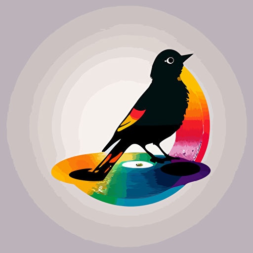 a small confused bird standing on a vinyl record, logo design, vector, illustration, triadic colours, simple