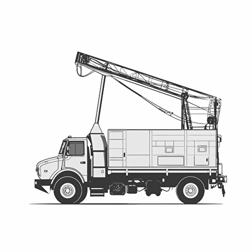 a flat, minimal, black and white, vector, outline only, bucket truck