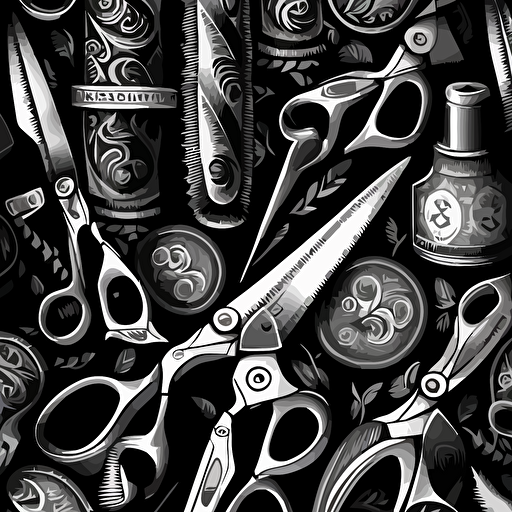 repeating pattern, barbershop clippers and shears, black and white, hd, detailed vector art