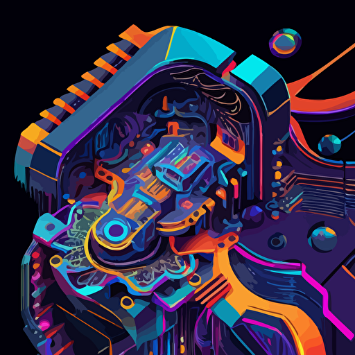Electric circuitry, crystal structues, vibrant colours, intricate detail, LSD vision, v 5, vector illustration