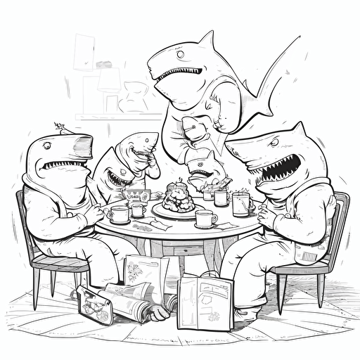 Sharks family: daddy shark, mummy shark, 2 little boys sharks. Morning breakfast. All of them sit around the table, eating sandwiches, drinking tea. Daddy shark reads a newspaper. , Hand-Drawn, Pencil Art, pixar style, simple outline and shapes, coloring page black and white comic book flat vector