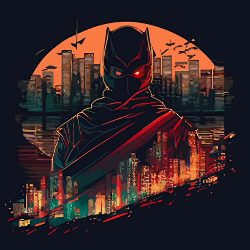 Drawing from the superhero genre, design a vector illustration of Satoshi Nakamoto as a masked hero, using his knowledge of cryptocurrencies to fight against corruption and financial inequality. Set the scene in a futuristic city skyline.