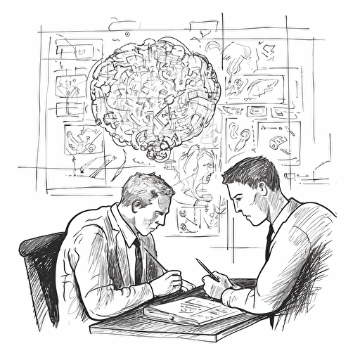 Emotional intellect test, illustration, black and white vector style, volumetrically drawn figures, business coaching context