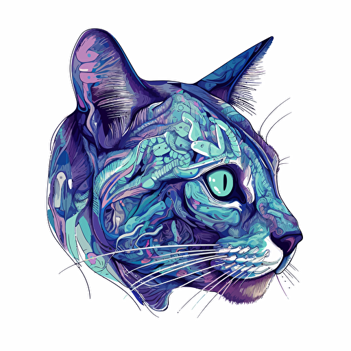 intracranial imaging of a cat, skin and brain systems are exposed and visible, style like vector art, white background