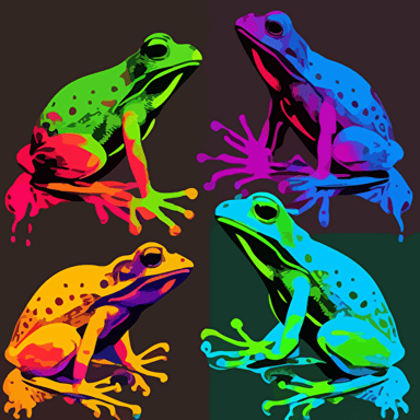 Inspired by Andy Warhol's pop art, create a vector illustration of a series of colorful prints featuring frogs in various poses and styles, referencing popular culture and consumerism. Set the scene in a contemporary art gallery.