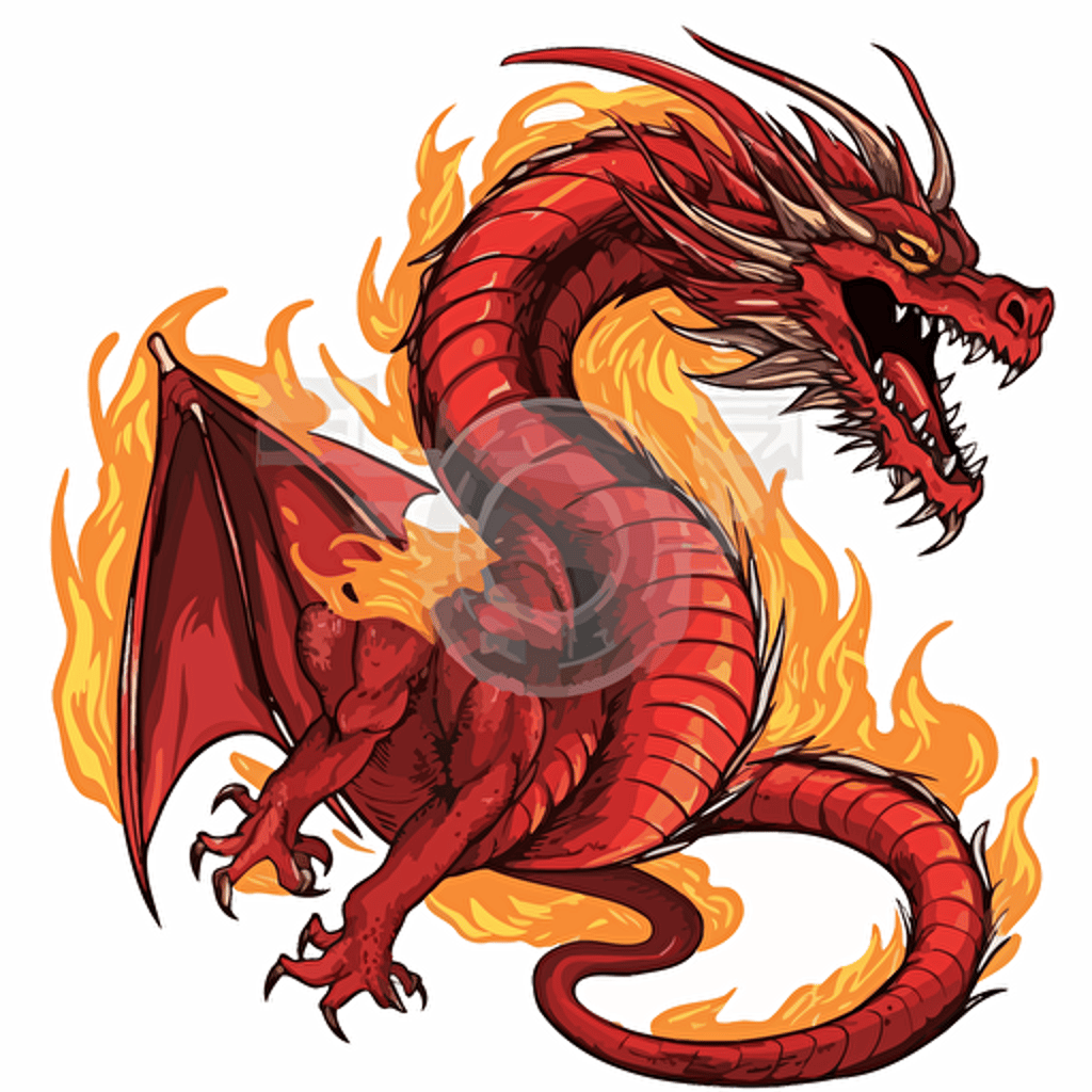 ferocious dragon and fire, detailed, cartoon style, 2d clipart vector, creative and imaginative, hd, white background