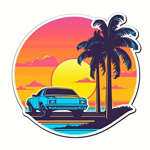 sticker, miami vice colored sunset, contour, vector, white background