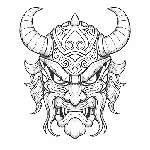 DND Fantasy. Japanese Style mask. Wooden Architecture. No Shadow. Cartoon. Coloring page. Vector. Simple.