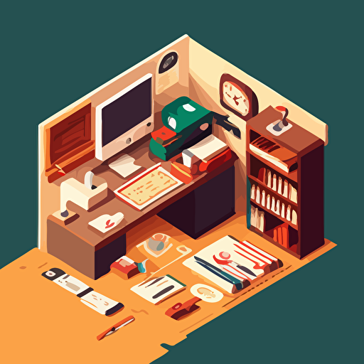 a post office desk viewed from above in a flat vector art style