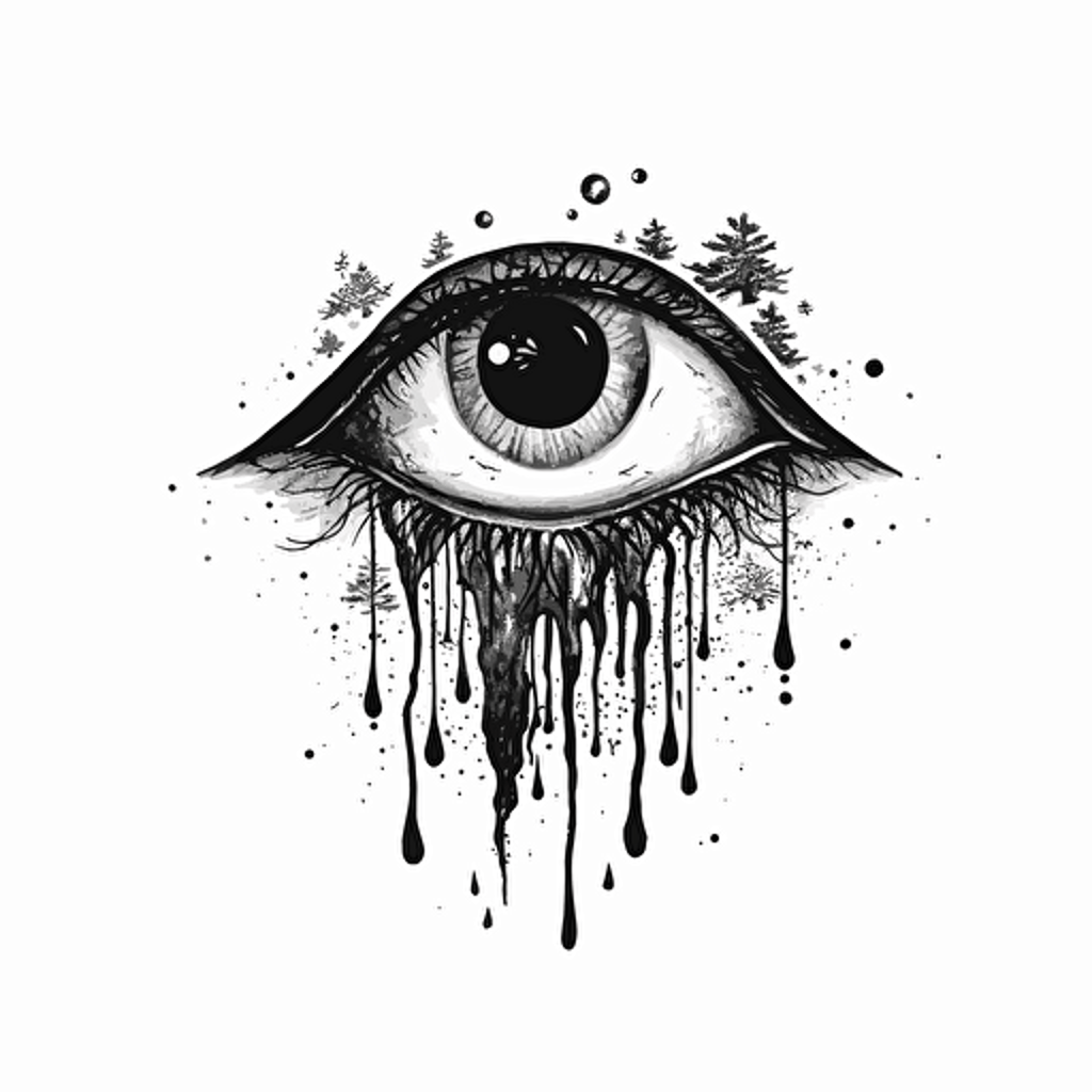 flat vector, occult, logo, black and white, cresent black moon, black stylized moon, eye, moon, tree black tears, with the word: volva