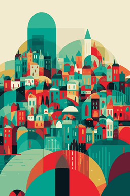 imagine A surreal, minimalist, vector, geometric jerusalem, green, red, white, cyan